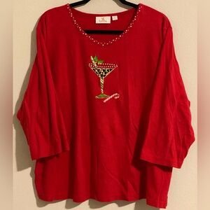 Quacker Factory Size 2X Red 3/4-Sleeve Top w/Holiday Martini Embellishment